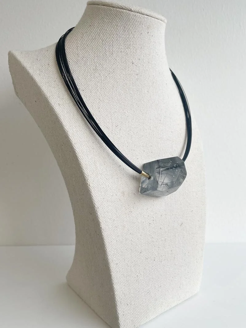 Black wire multistrand necklace with interchangeable tourmalinated quartz clasp