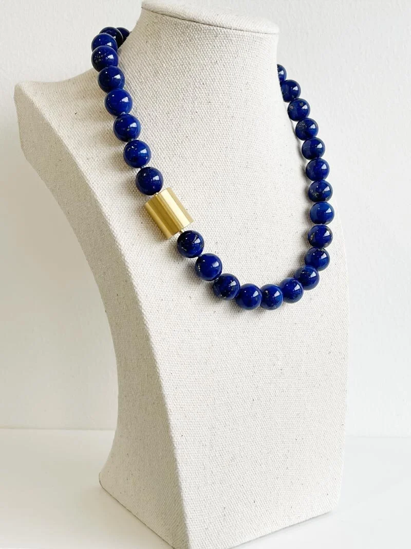 12mm round lapis lazuli bead strand with interchangeable gold cylinder clasp | Clasped