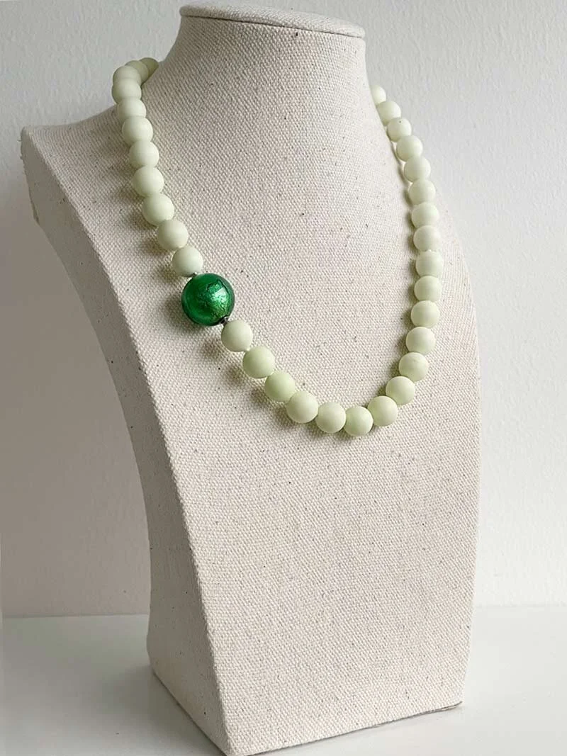 Lemon chrysoprase bead necklace with interchangeable green Murano glass ball clasp | Clasped