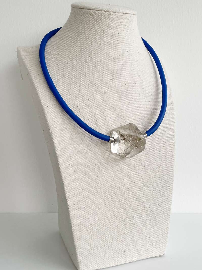 Blue rubber necklace with interchangeable rutilated quartz clasp
