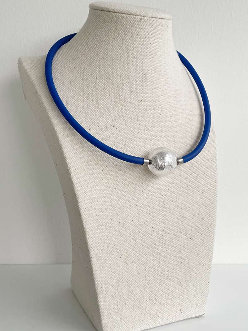 Blue rubber necklace wiith silver Murano glass ball clasp