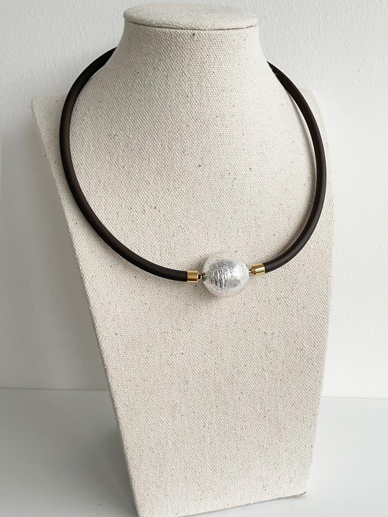 Brown rubber with silver Murano glass clasp