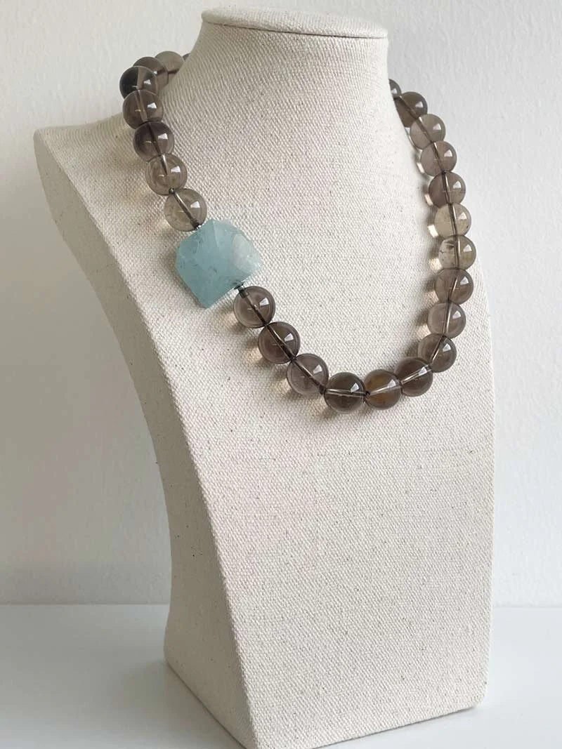 14mm smoky quartz bead necklace with detachable aquamarine nugget clasp | Clasped