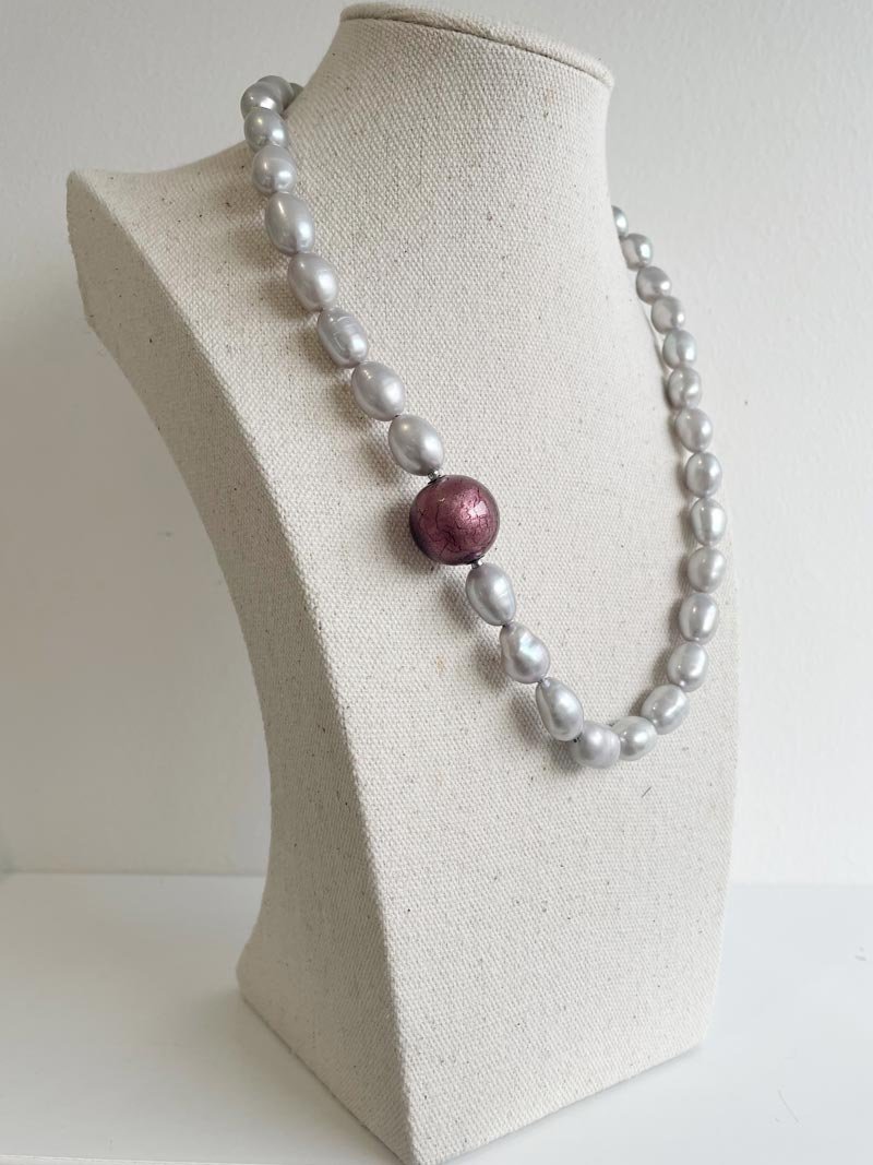 Baroque grey pearls with purple Murano glass clasp