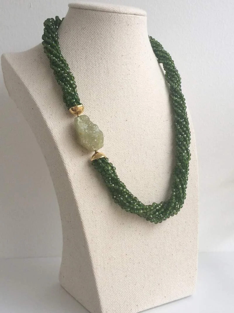 Chrome diopside multistrand necklace with interchangeable green garnet nugget clasp | Clasped