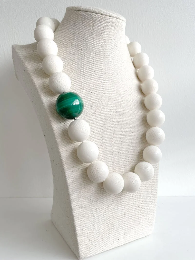 Large malachite ball clasp with interchangeable white coral bead strand
