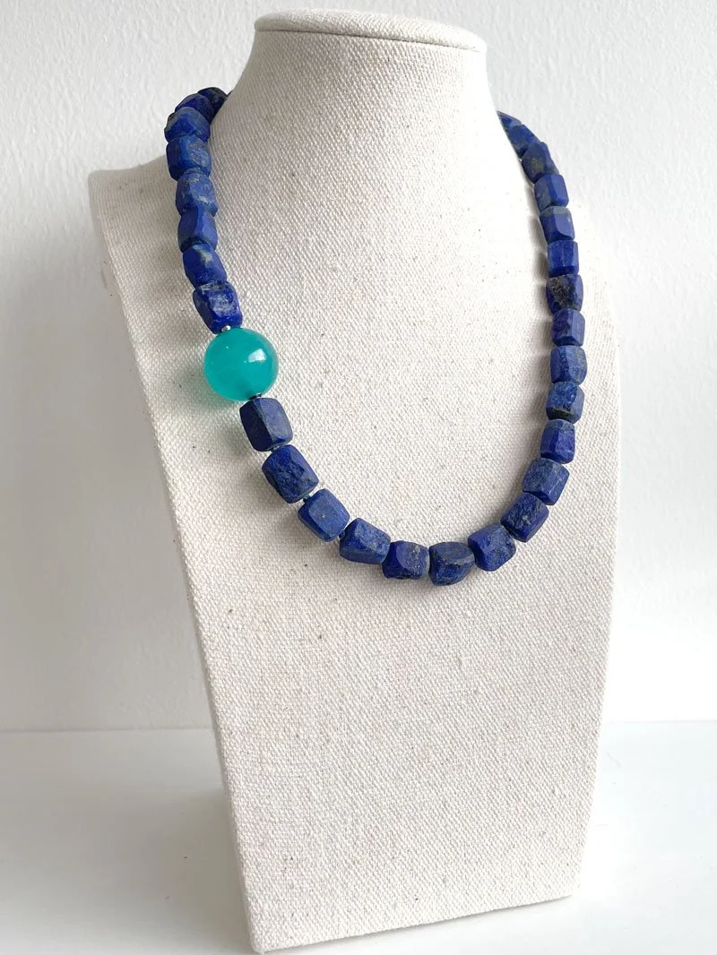 Hammered lapis lazuli bead necklace with interchangeable blue green amazonite ball clasp from Clasped