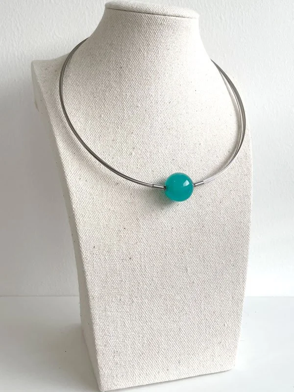 Steel wire multistrand necklace with blue green amazonite ball clasp