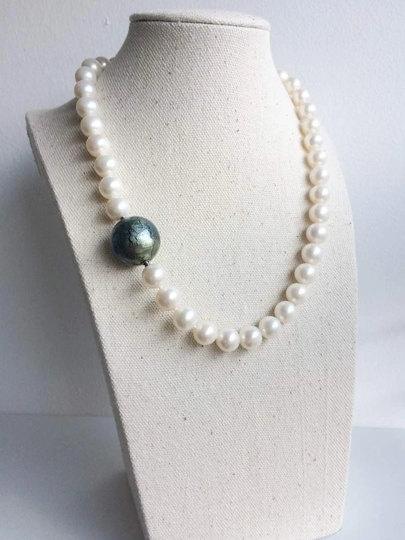 10.5-1mm cream freshwater pearl necklace with blue green Murano glass ball clasp