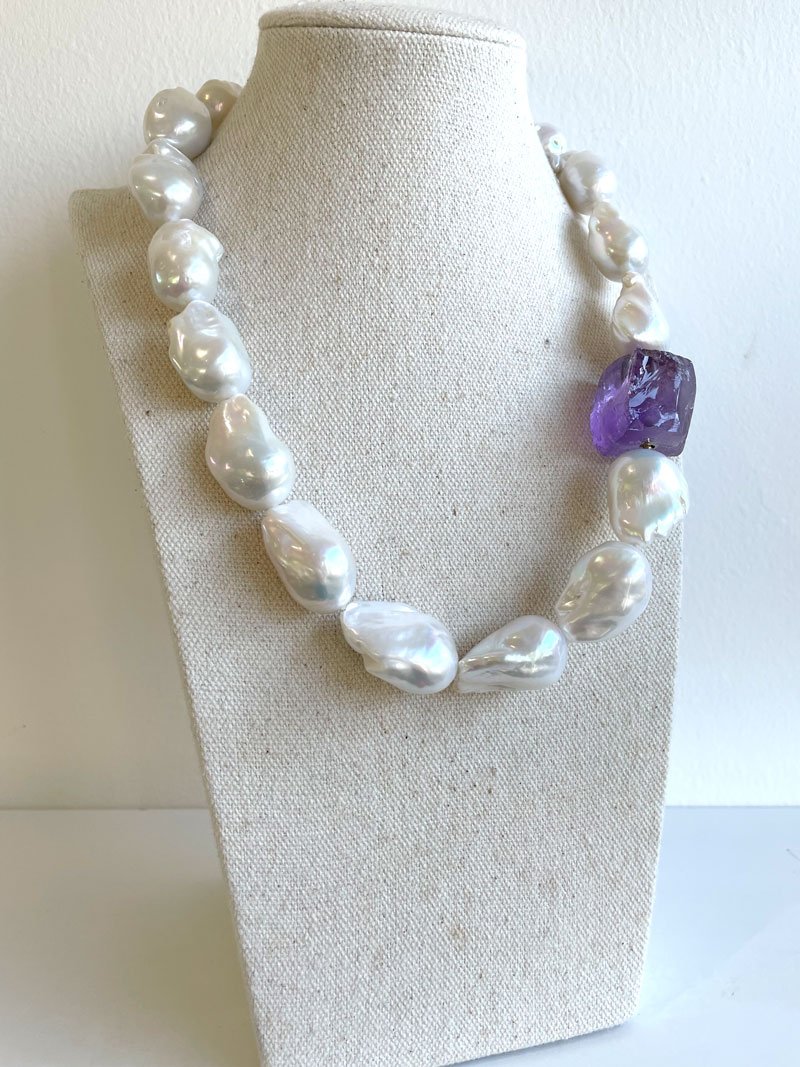 Keshi pearl necklace with removable rough amethyst clasp