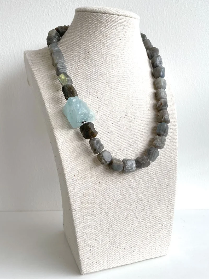 Hammered finish labradorite necklace with interchangeable aquamarine clasp