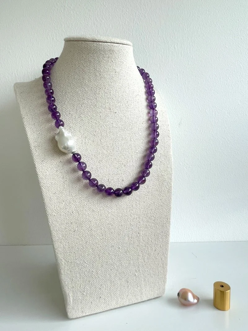 8mm amethyst bead strand with removable keshi pearl clasp