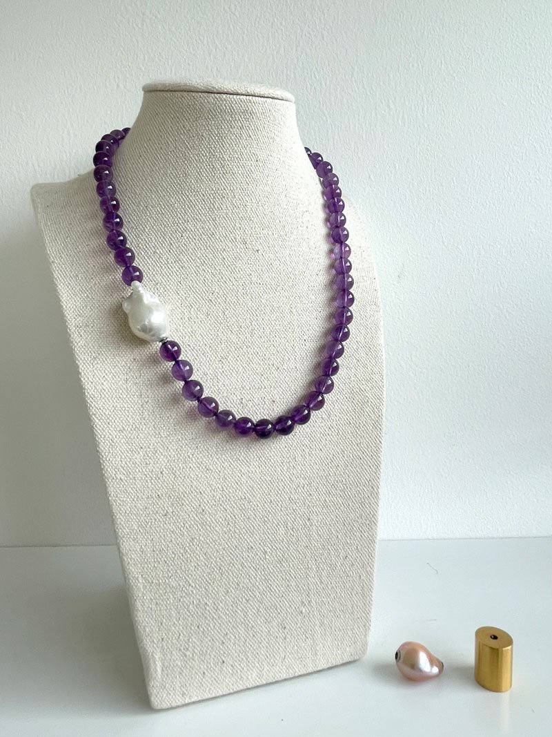 8mm amethyst bead strand with removable keshi pearl clasp