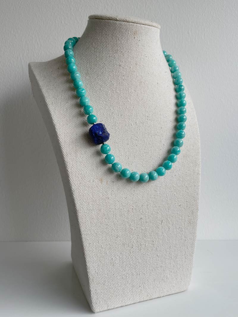 8mm amazonite bead strand with hammered lapis clasp