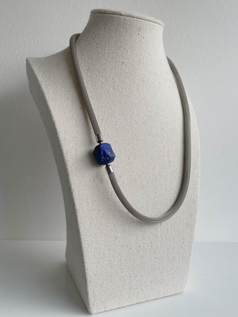 Hammered lapis clasp on steel mesh necklace