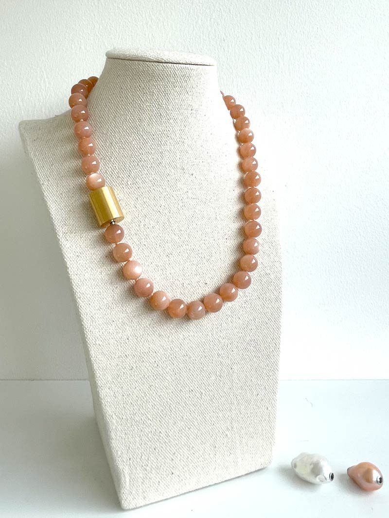 10mm orange moonstone necklace with interchangeable gold cylinder clasp