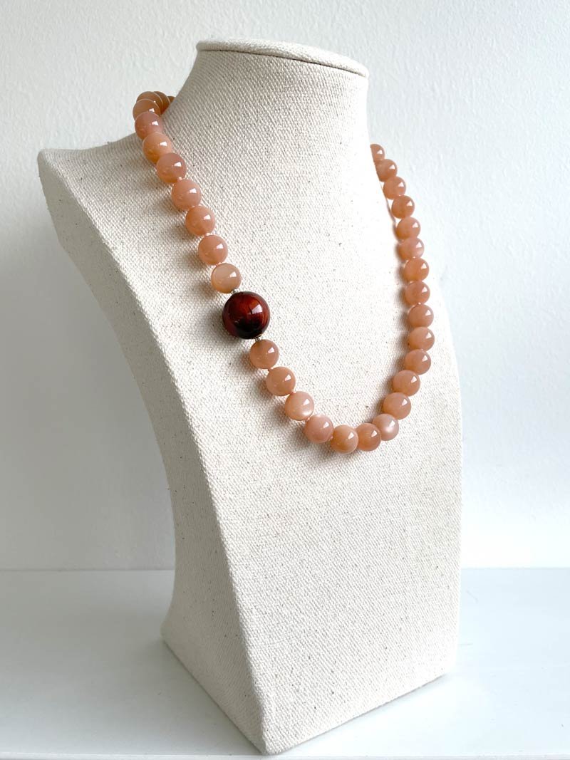 10mm orange moonstone necklace with interchangeable red tiger's eye ball clasp