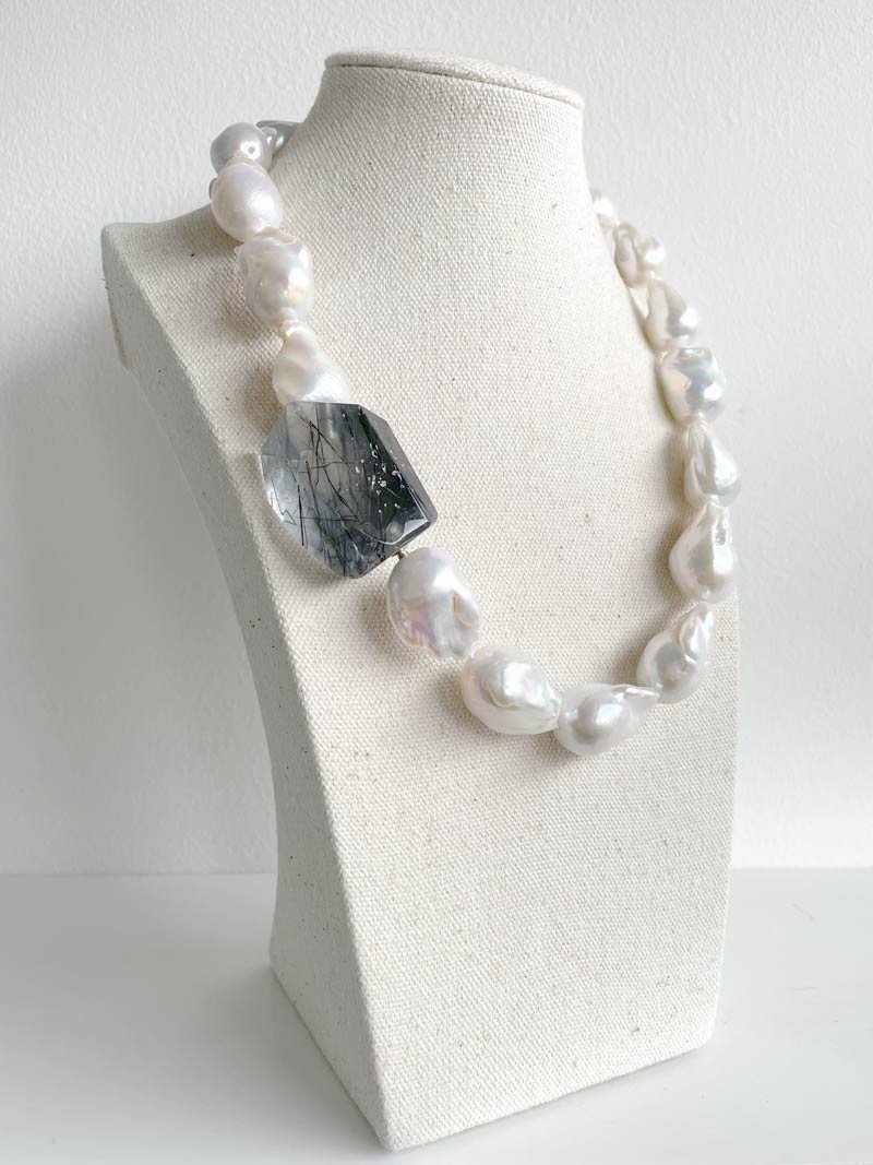 Keshi pearl necklace with interchangeable tourmalinated quartz feature clasp