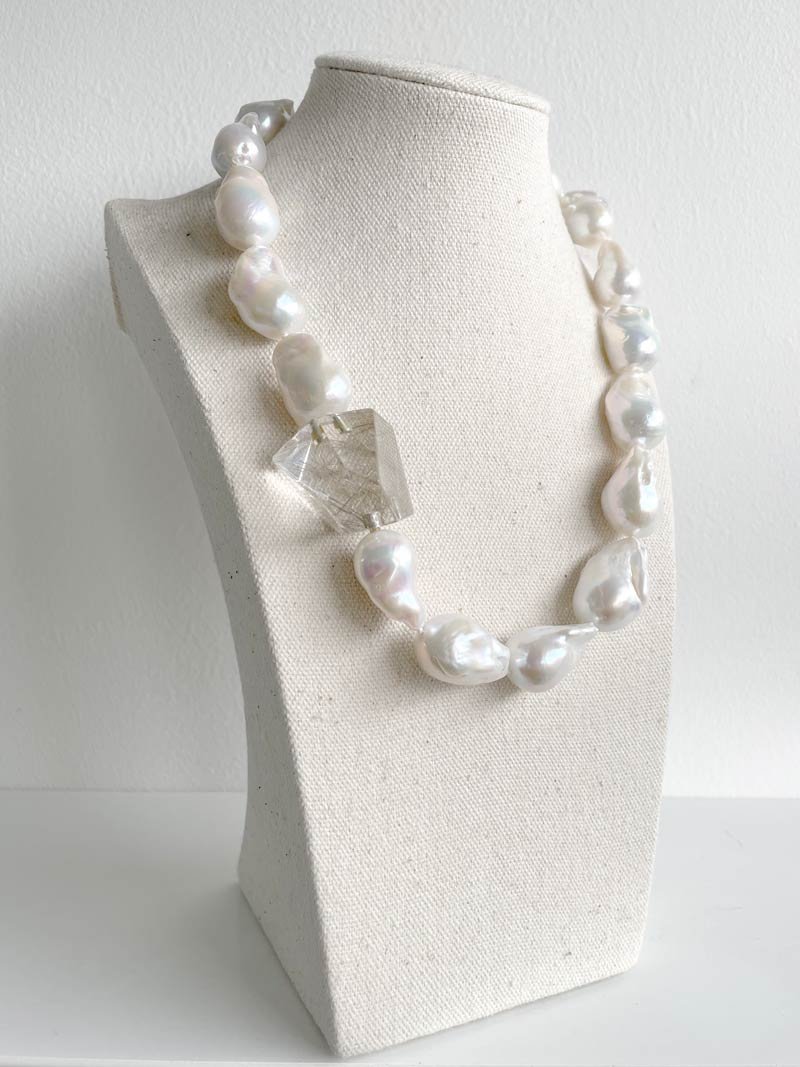 Keshi pearl necklace with interchangeable rutilated quartz feature clasp
