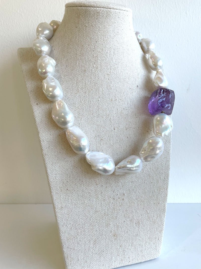 Keshi pearl necklace with interchangeable amethyst feature clasp