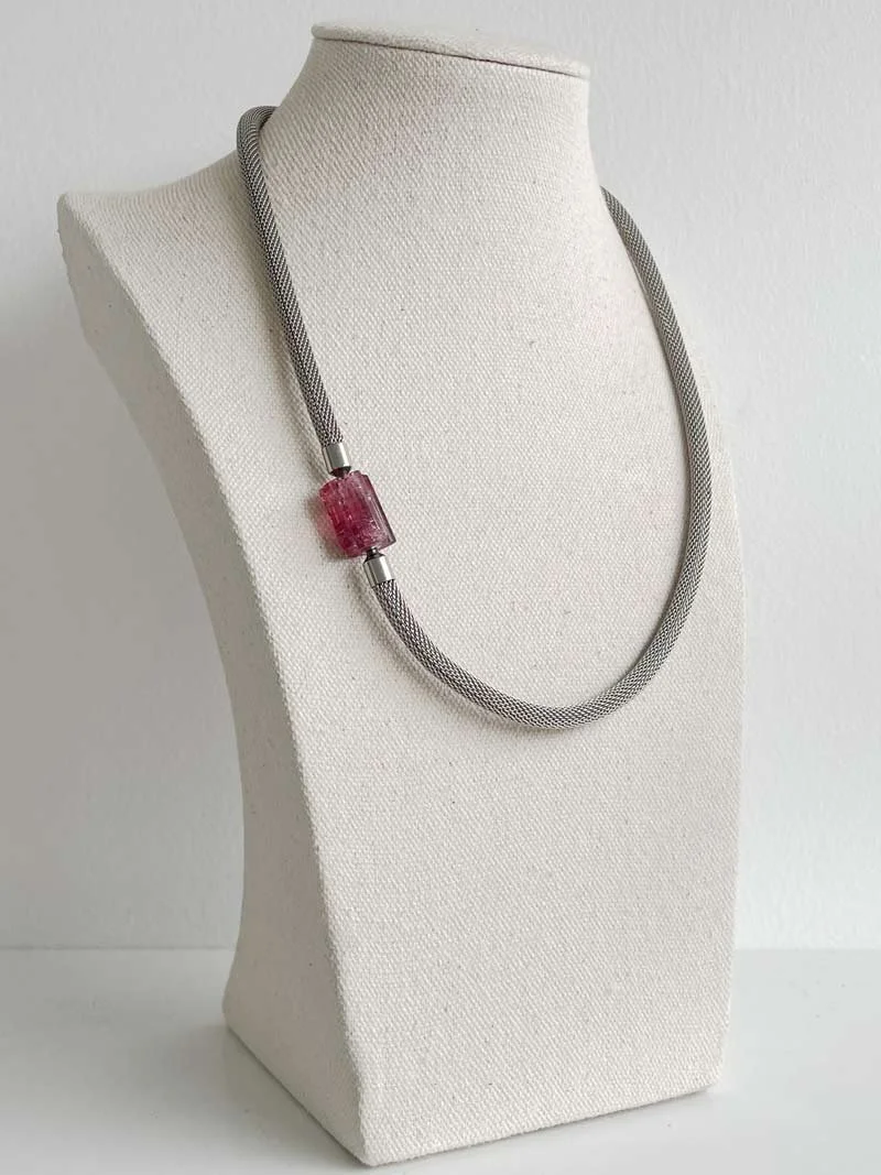 Pink tourmaline clasp on steel mesh necklace