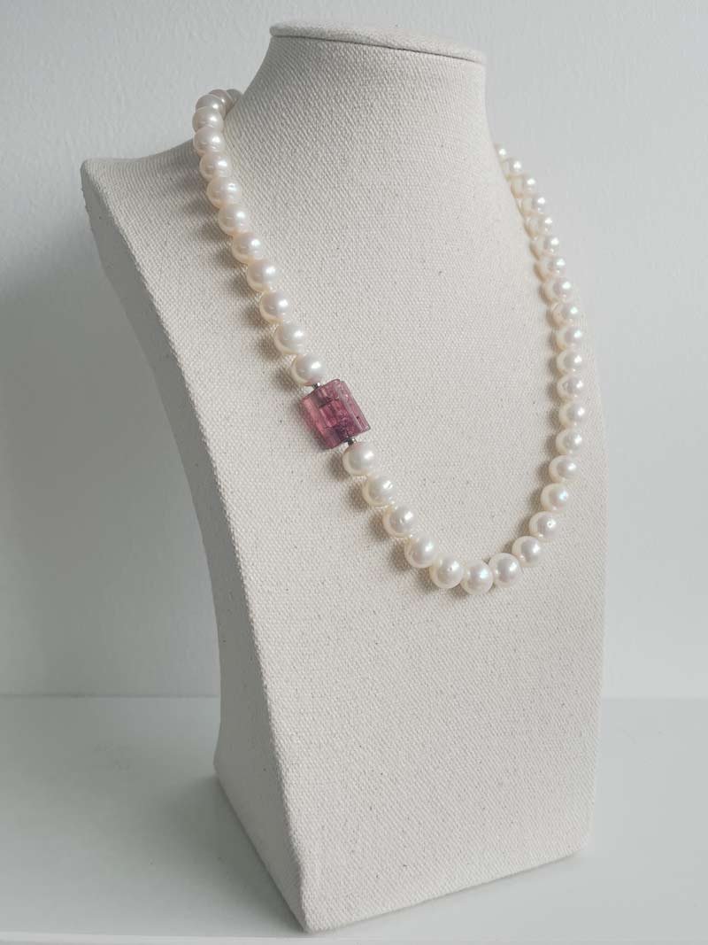 9mm cream pearl necklace with pink tourmaline crystal clasp