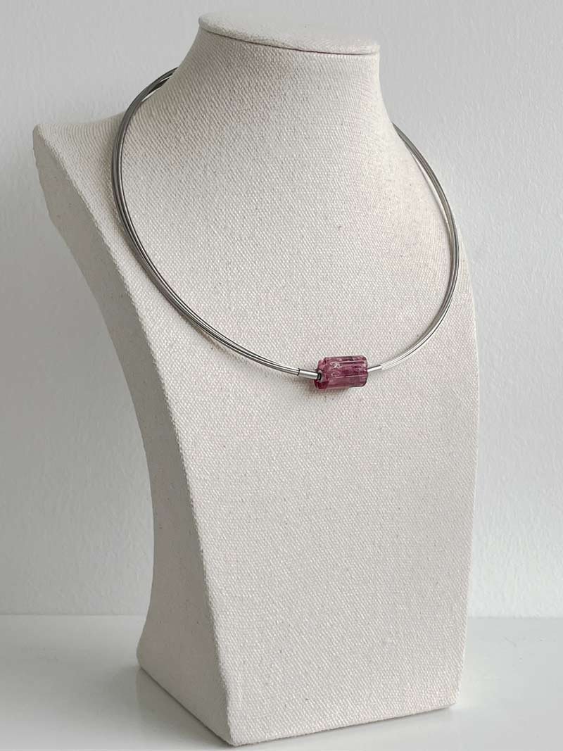 Steel wire multistrand necklace with interchangeable pink tourmaline clasp
