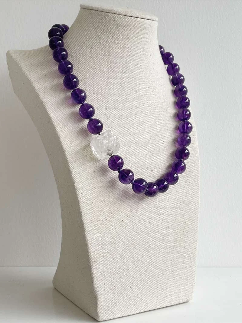 12mm amethyst bead strand with interchangeable rock crystal clasp
