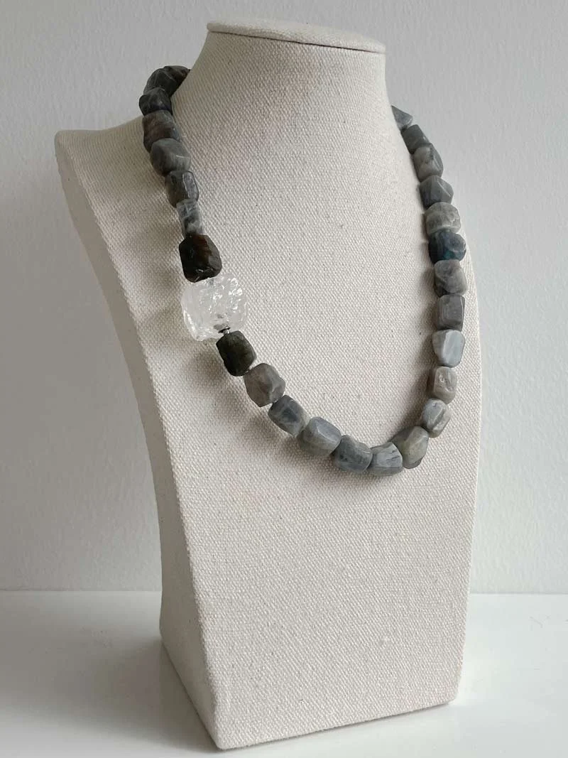 Hammered labradorite necklace with interchangeable rock crystal feature clasp