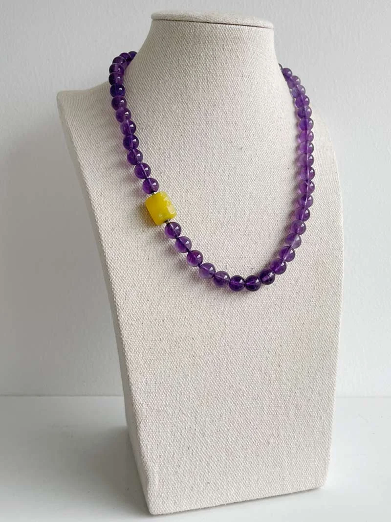 8mm amethyst bead strand with interchangeable yellow agate feature clasp