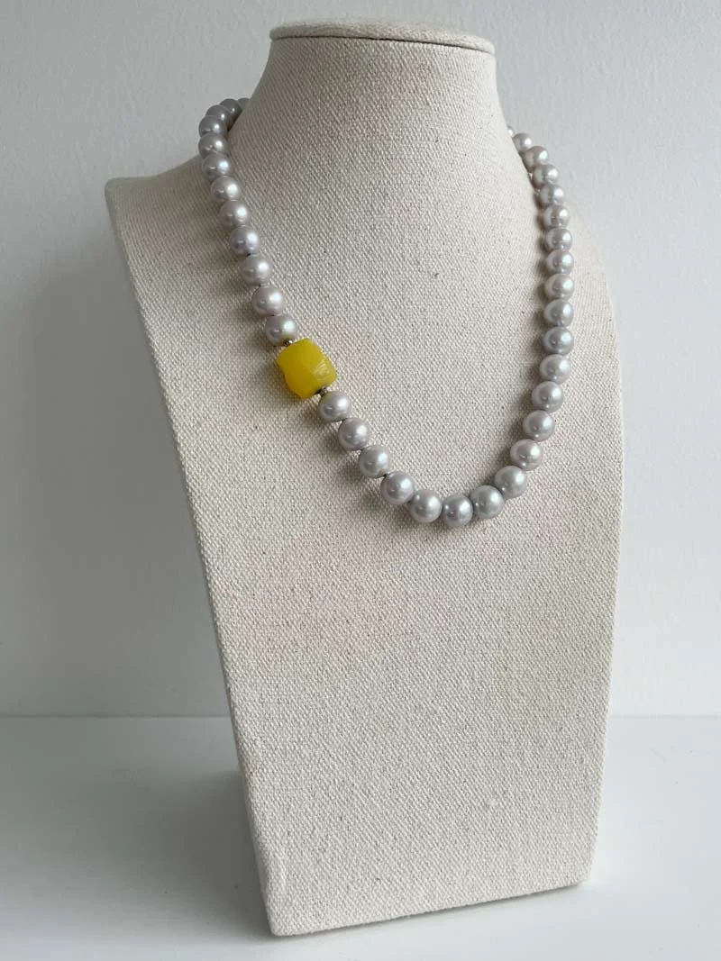 Grey freshwater pearl necklace with interchangeable yellow agate feature clasp