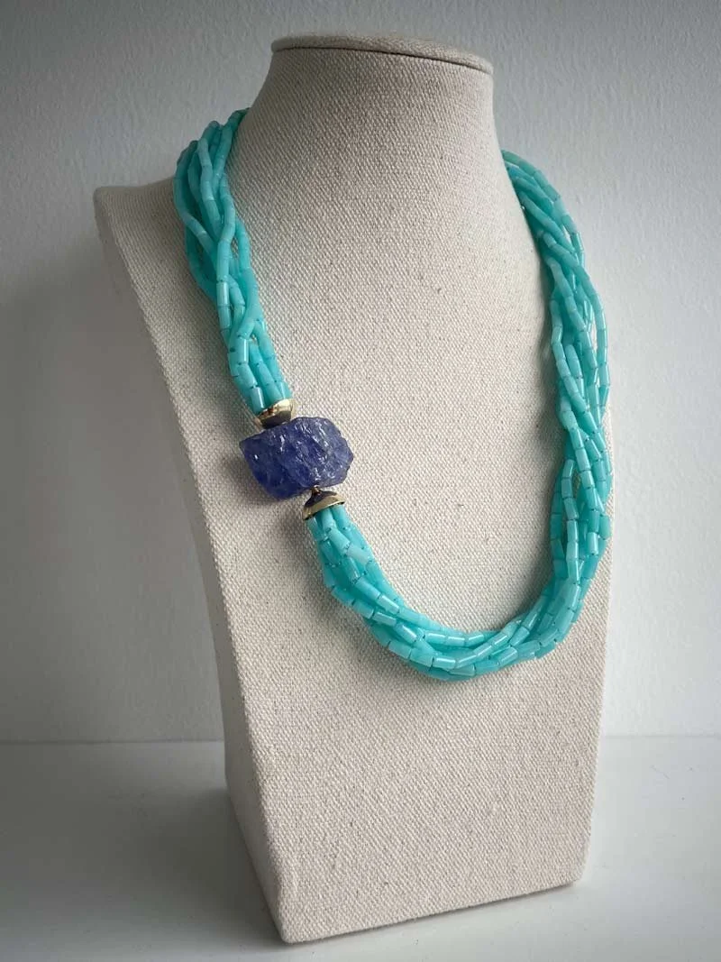 Amazonite multistrand necklace with interchangeable tanzanite feature clasp