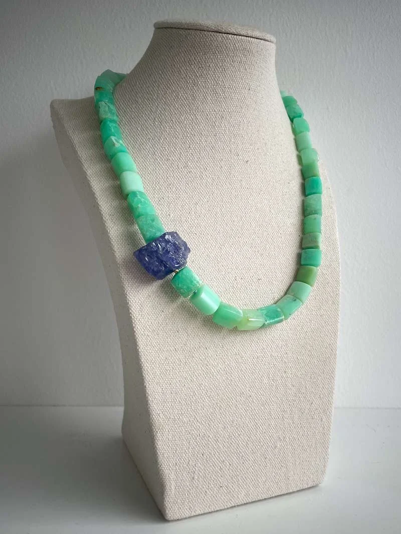 Chrysoprase triangular barrel necklace with interchangeable tanzanite feature clasp