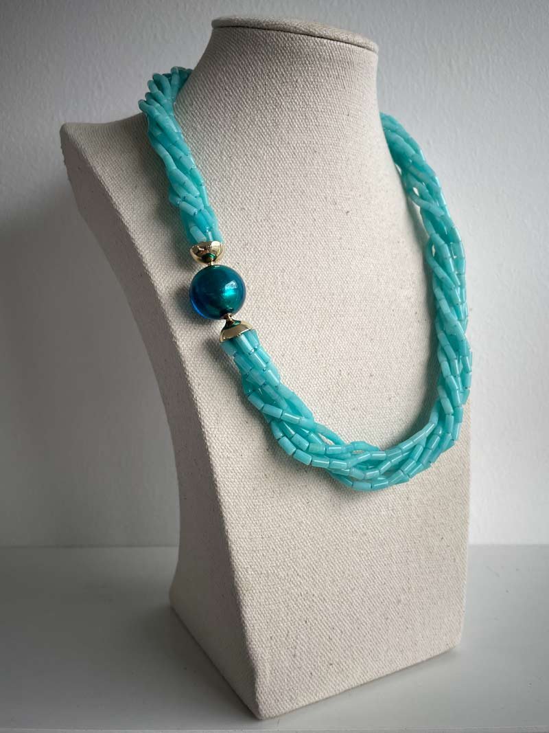 Amazonite multistrand necklace with interchangeable 18.5mm petrol blue Murano glass ball clasp