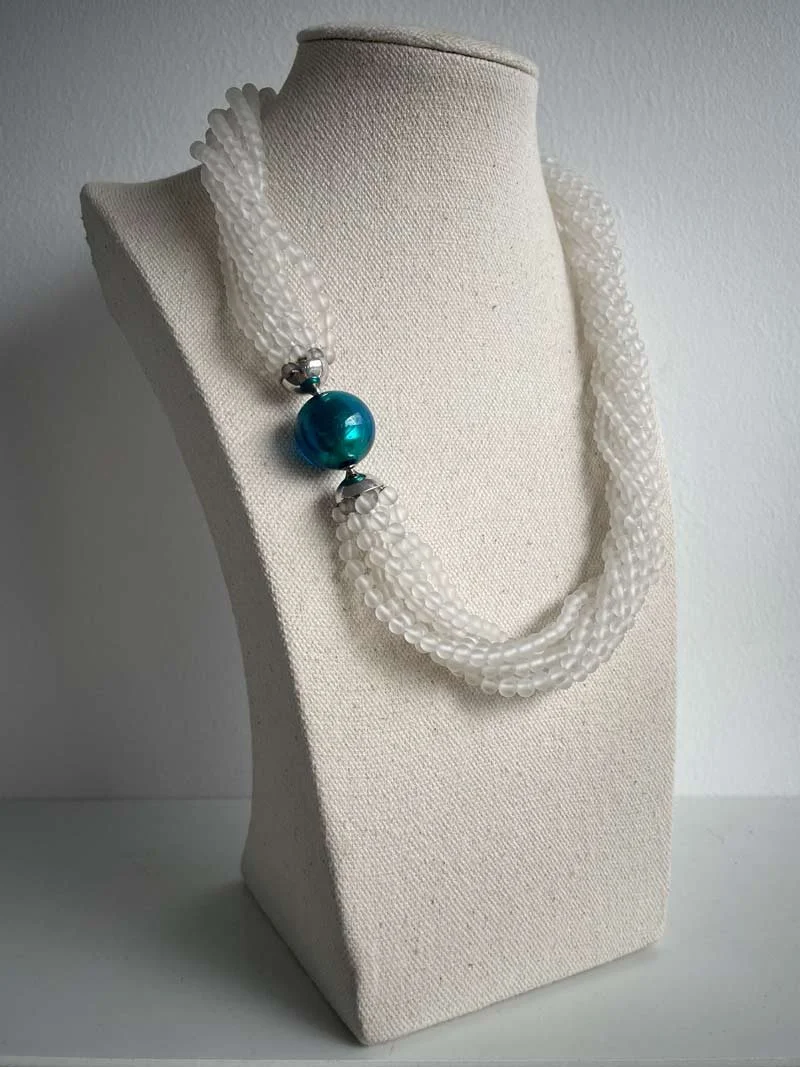 Matte rock crystal multistrand necklace with interchangeable 18.5mm petrol blue Murano glass feature clasp