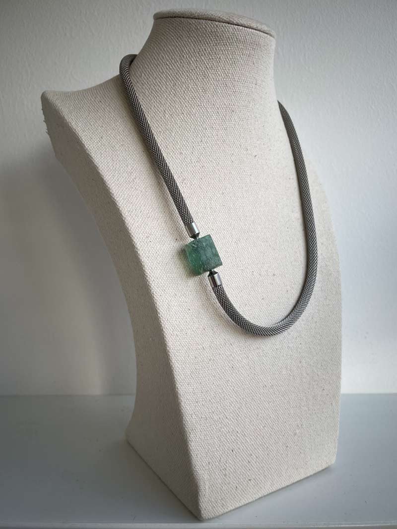 Steel mesh necklace with interchangeable aquamarine nugget feature clasp - part of Clasped's interchangeable necklace system