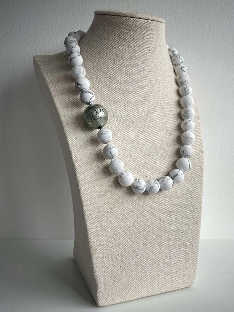 Matte howlite bead strand with silver grey Murano glass feature clasp - part of Clasped's interchangeable necklace range