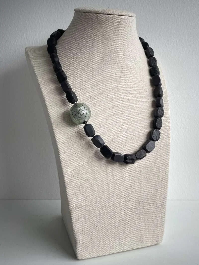 Hammered hematite obsidian necklace with silver grey Murano glass feature clasp - part of Clasped's interchangeable necklace range