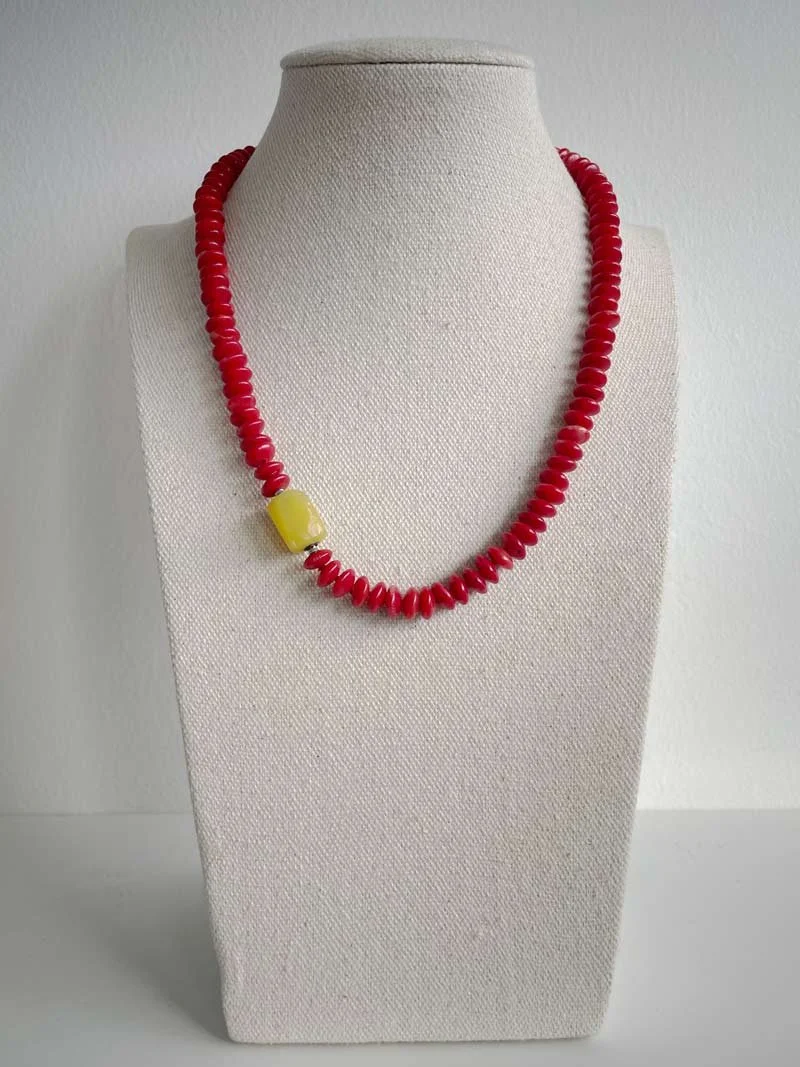 Red coral rondelle necklace with interchangeable yellow agate  nugget feature clasp