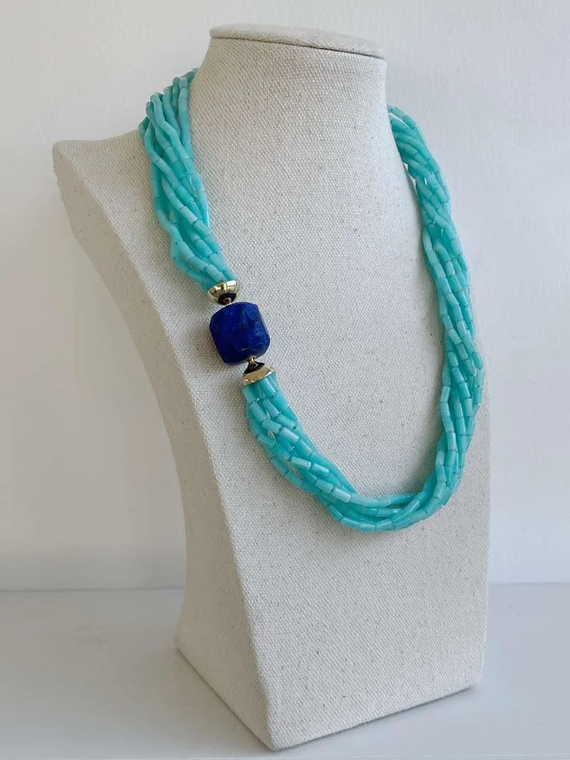 Amazonite multistrand necklace with interchangeable lapis lazuli feature clasp