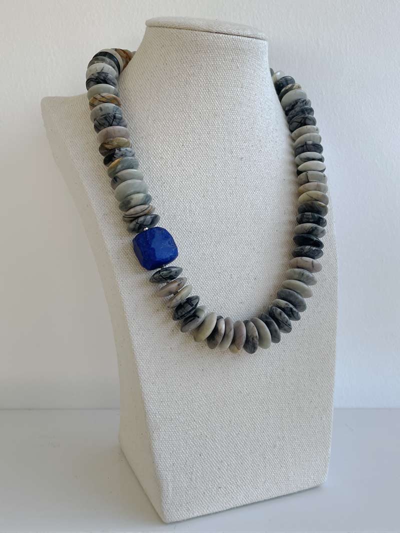 Picasso jasper rondelle necklace with interchangeable lapis lazuli feature clasp