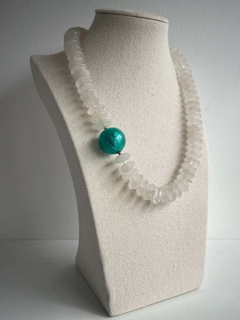 Rock crystal button necklace with interchangeable blue-green Murano glass feature clasp
