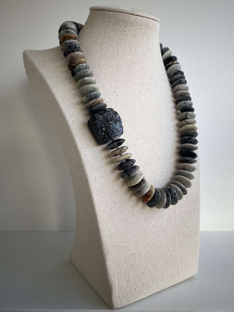 16mm Picasso Jasper Rondelle necklace with prysm shaped slate pyrite feature clasp