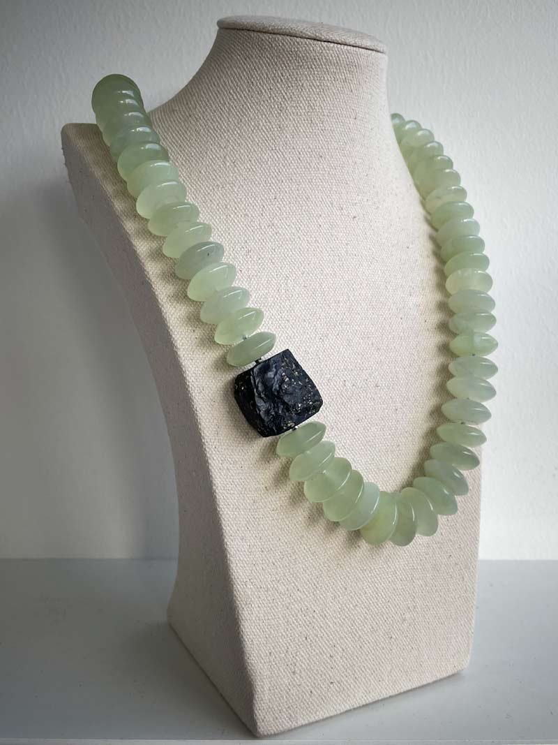 Exttra long serpentine rondelle necklace with interchangeable slate pyrite feature clasp