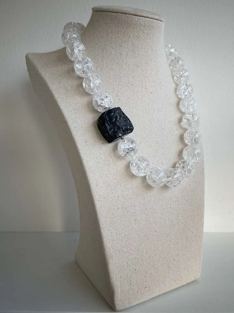 16mm crazed quartz bead necklace featuring a large slate pyrite feature clasp - part of Clasped's interchangeable necklace system