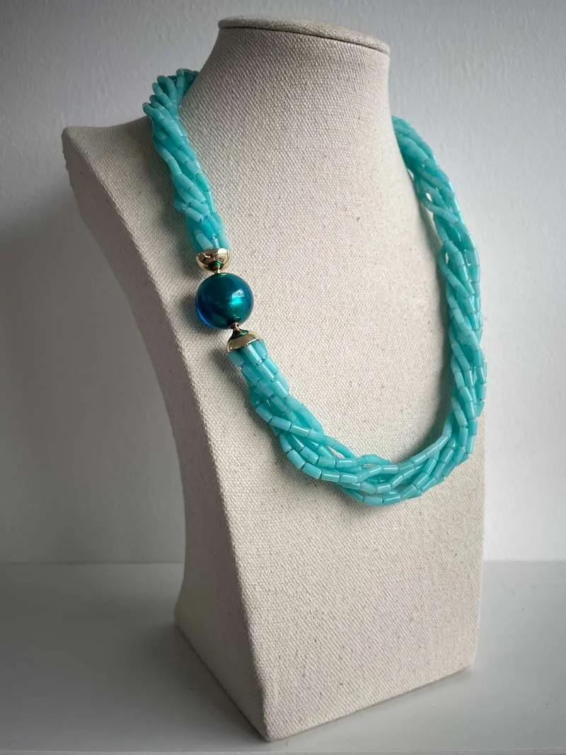 Amazonite multistrand necklace with interchangeable 18.5mm petrol blue Murano glass feature clasp