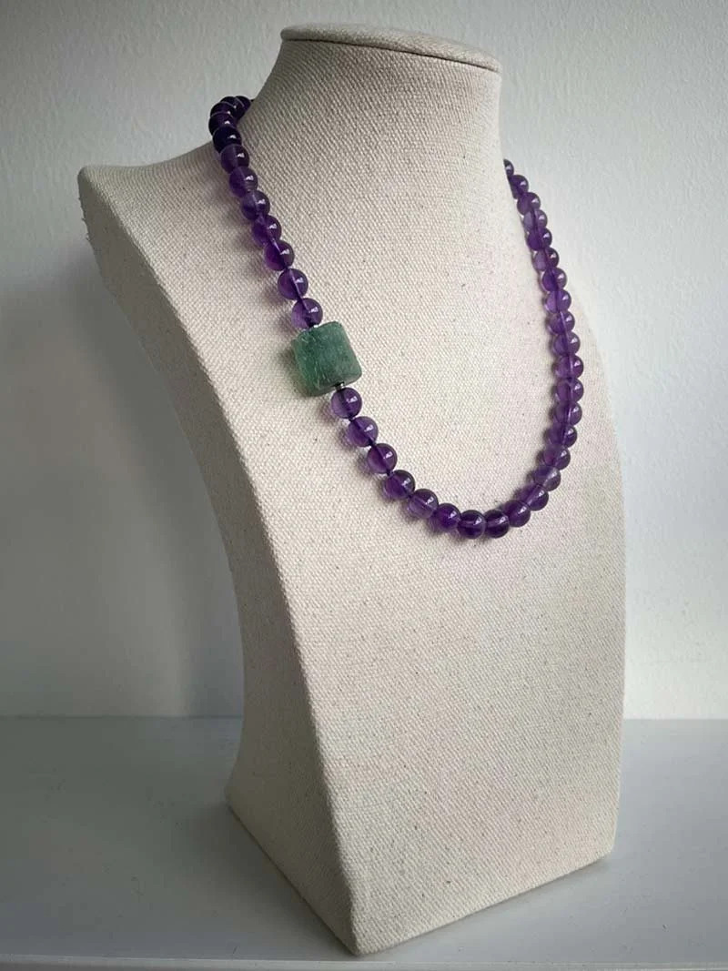 8mm amethyst bead necklace with interchangeable aquamarine nugget feature clasp - part of Clasped's interchangeable necklace system
