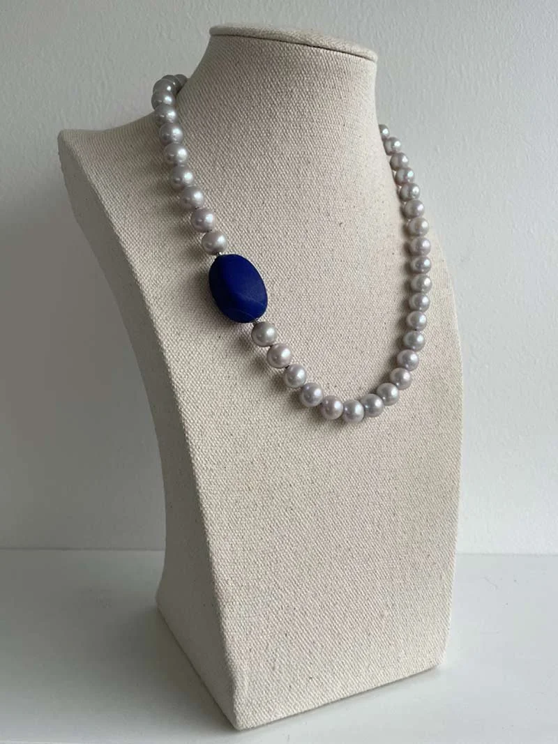 Grey freshwater pearl necklace with detachable oval lapis lazuli feature clasp