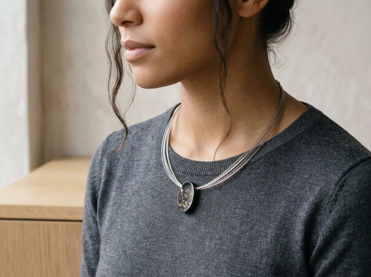 Oval slate pyrite necklace on multistrand necklace