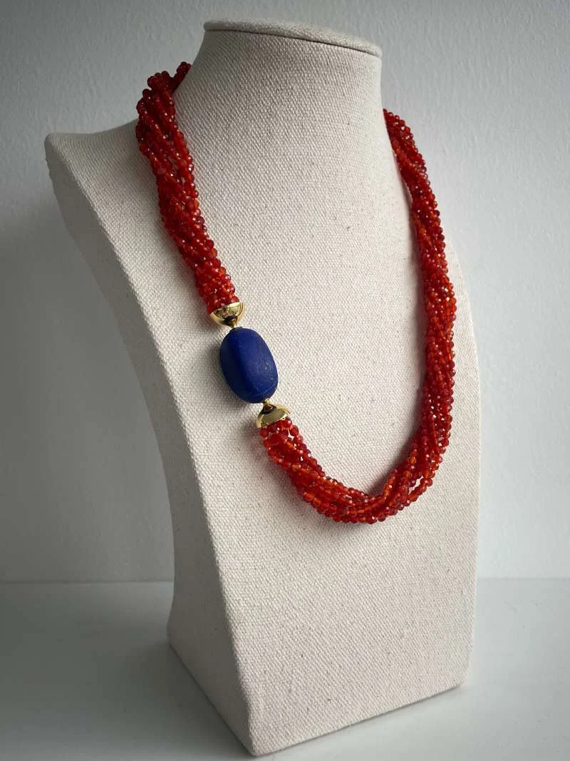 Faceted carnelian bead multistrand necklace with matte ovoid lapis lazuli feature clasp - part of Clasped's interchangeable necklace system